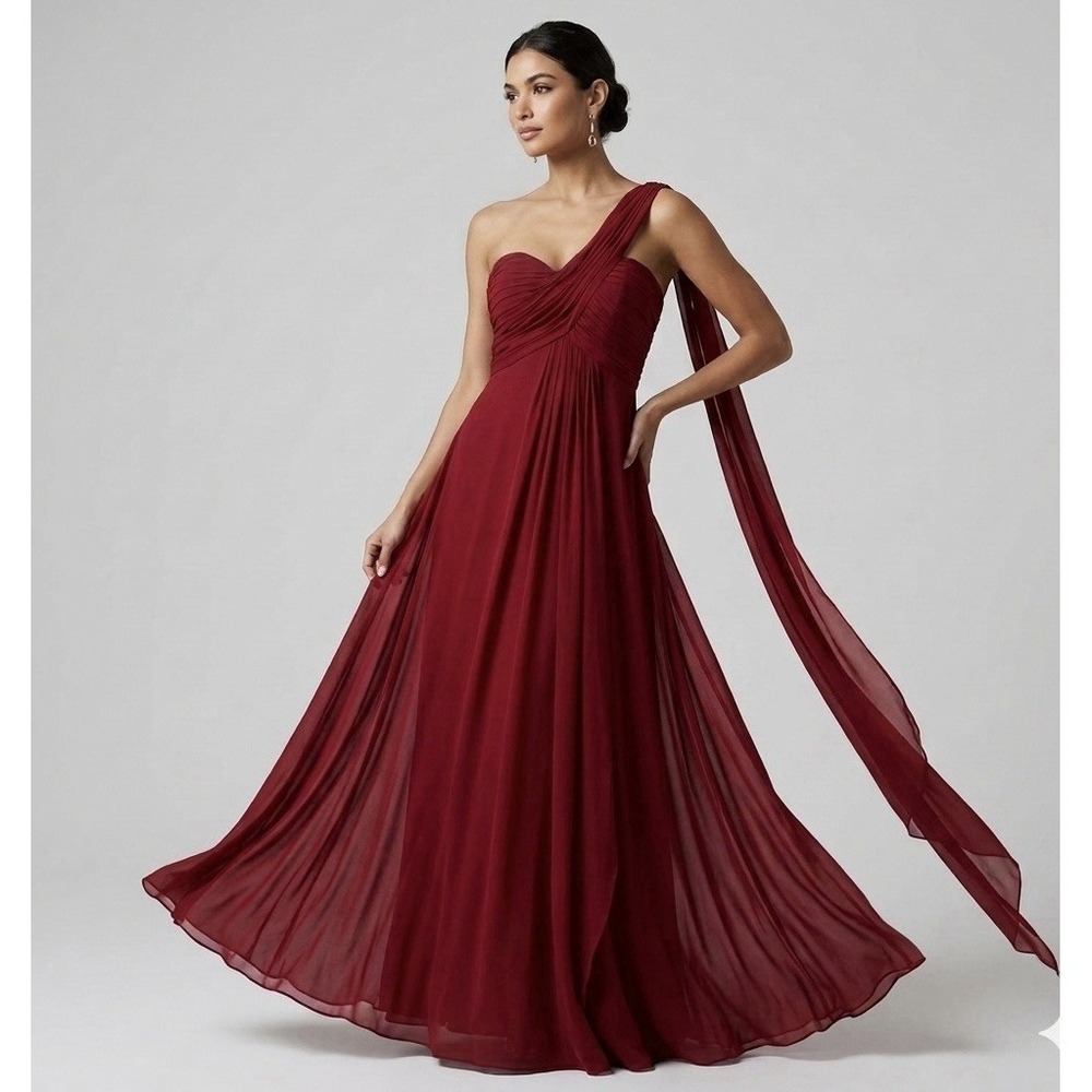 Alex Evenings Size-8 Red Chiffon One Shoulder Empire Waist Evening Gown